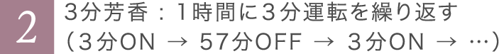 3分芳香:1時間に3分運転を繰り返す（3分ON→57分OFF→3分ON→…）