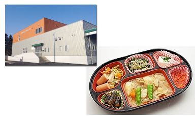 配食弁当・給食を製造する株式会社あおもりコープフーズ(左）と、配食弁当例（右）