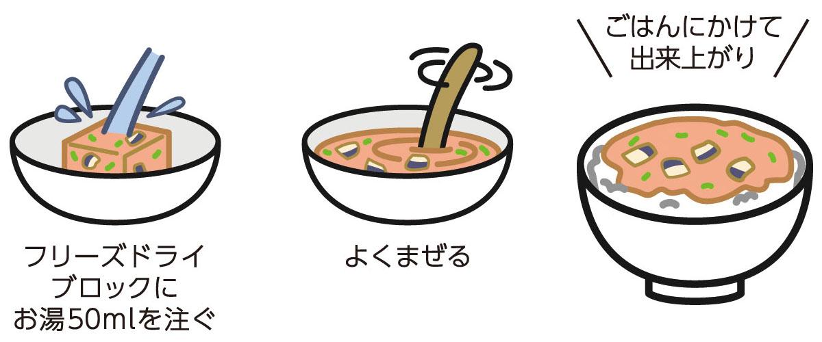 フリーズドライブロックにお湯を注ぐ→よくまぜる→ごはんにかけて出来上がり
